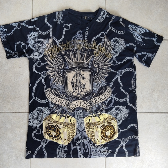 Christian Audigier Embellished Graphic Tee Skull Rhinestones Men's Size XXL USA - Picture 1 of 16